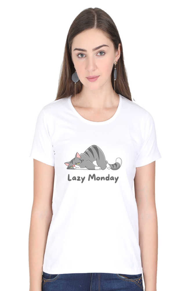 Lazy Monday Women's Round Neck Half Sleeve White Graphic Tshirt