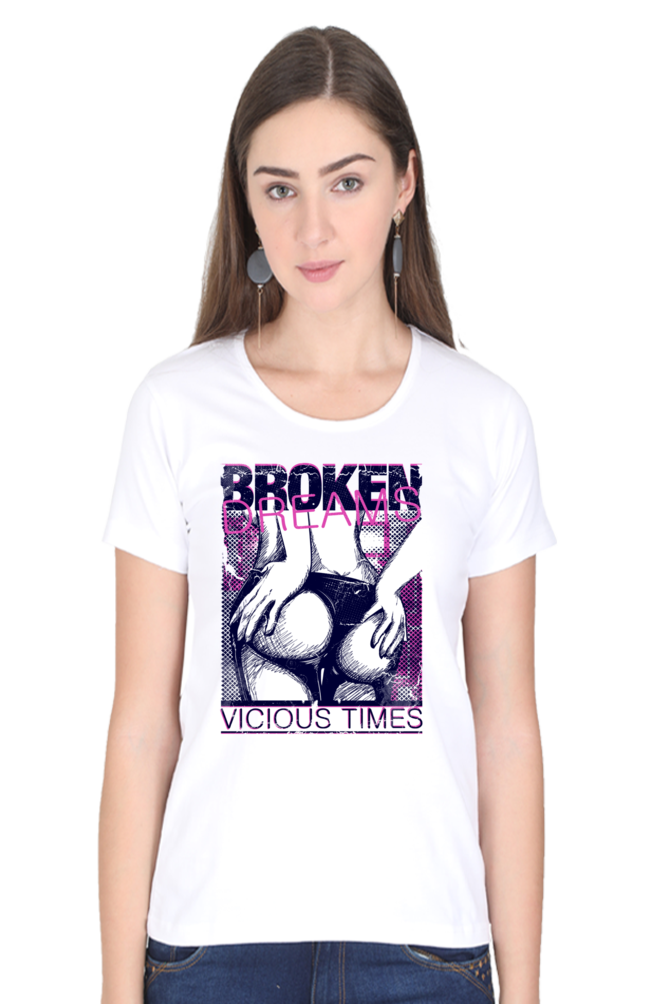 Broken Dreams Women's Round Neck Half Sleeve White Graphic Tshirt