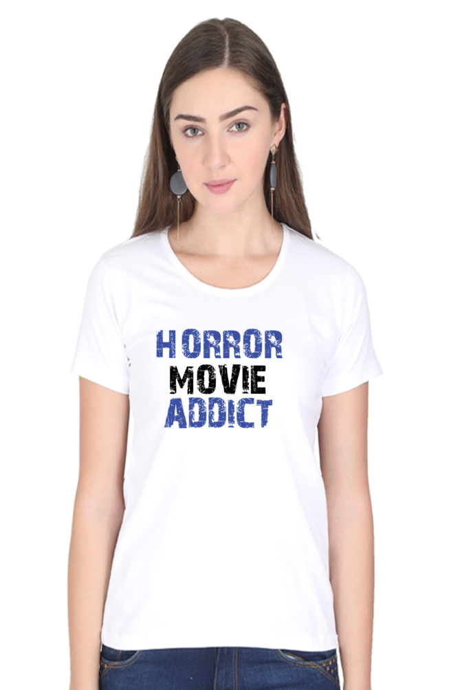 Horror Movie Addict Women's Round Neck Half Sleeve White Graphic Tshirt
