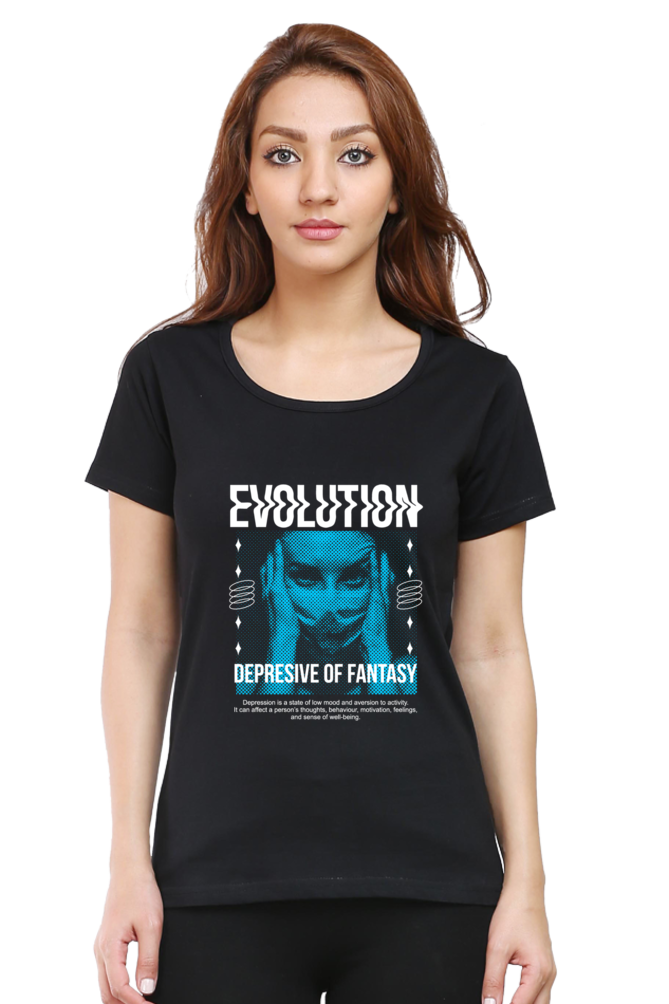 Evolution Women's Round Neck Half Sleeve Black Graphic Tshirt