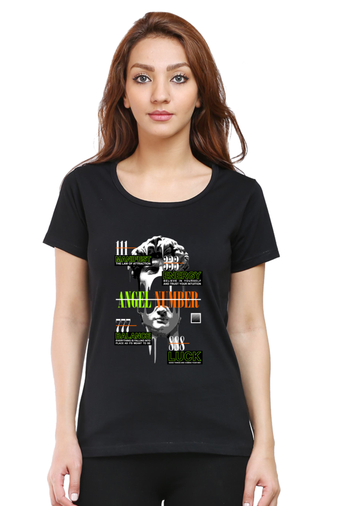 Angel Number Women's Round Neck Half Sleeve Black Graphic Tshirt