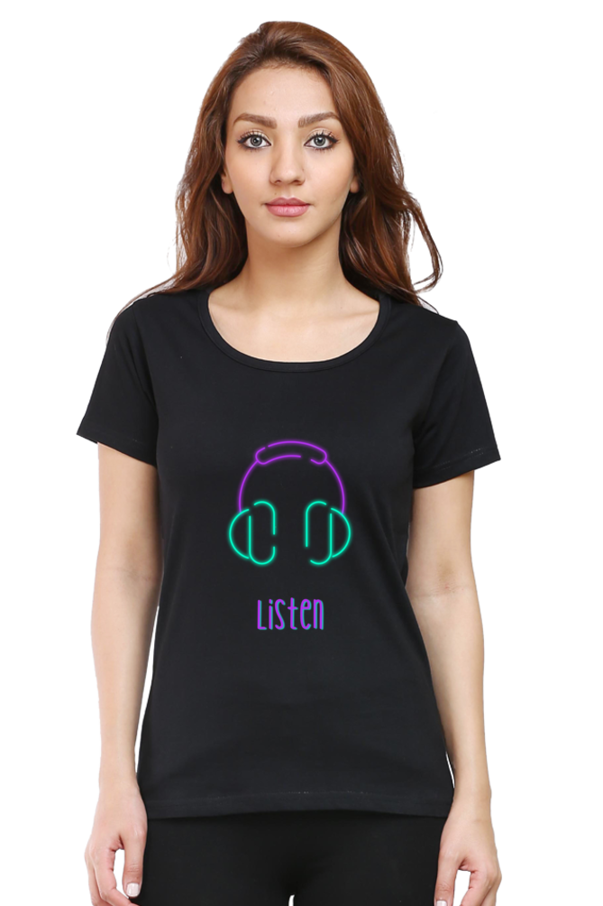 Listen Women's Round Neck Half Sleeve Black Graphic Tshirt