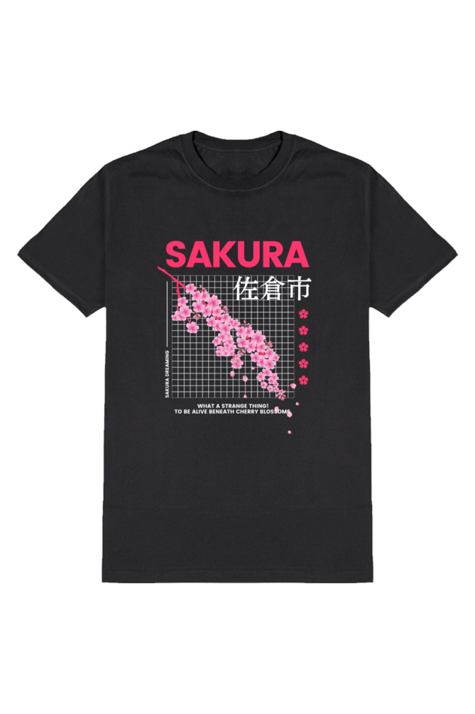 Sakura Men's Round Neck Half Sleeve Black Graphic Tshirt