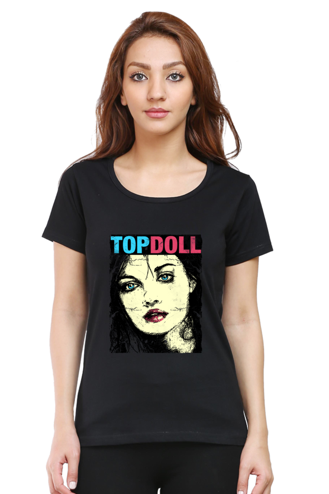 Topdoll Women's Round Neck Half Sleeve Black Graphic Tshirt