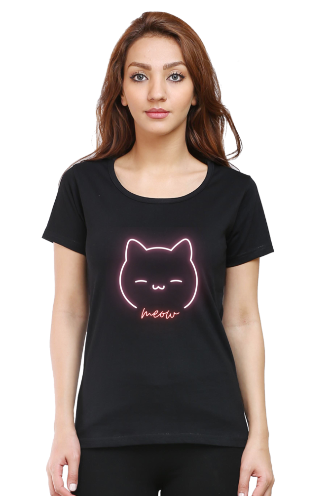 Meow Women's Round Neck Half Sleeve Black Graphic Tshirt