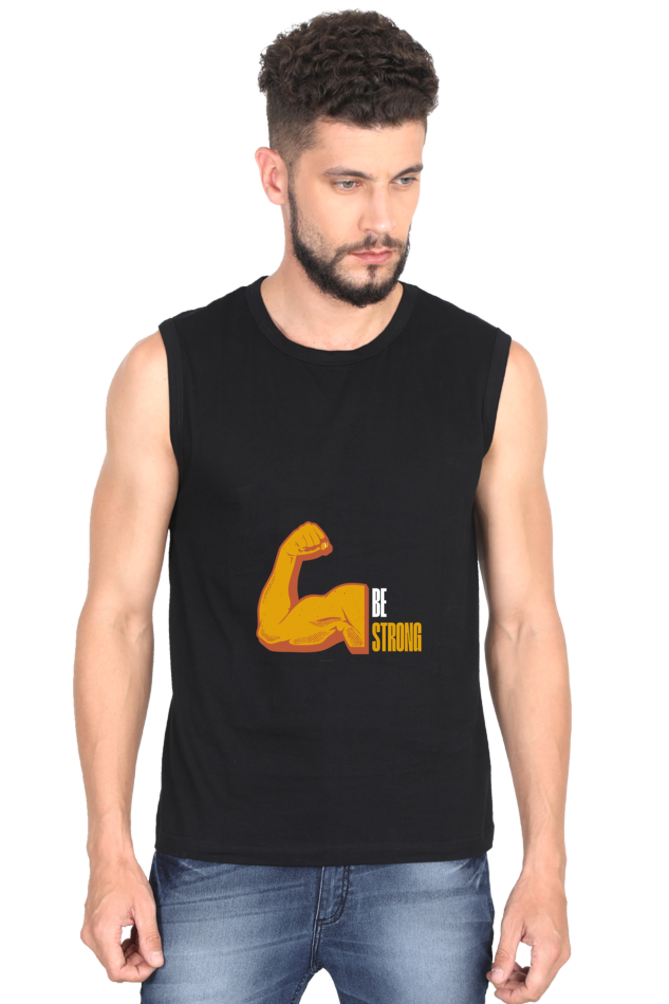 Be Strong Men's Round Neck Cotton Sleeveless Black Graphic Tshirt