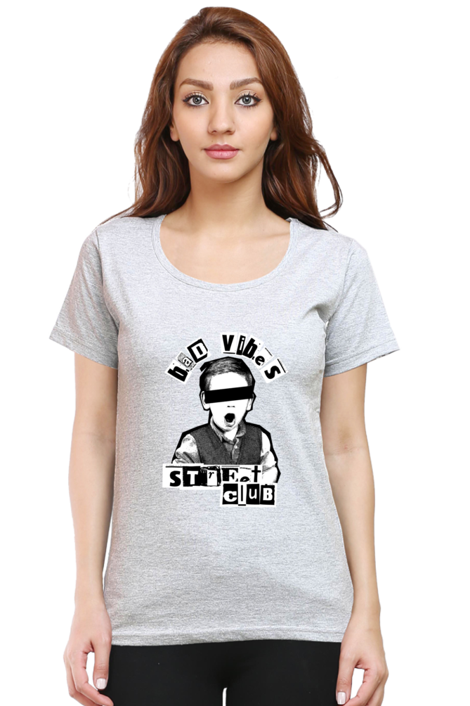 Bad Vibes Women's Round Neck Half Sleeve Grey Graphic Tshirt