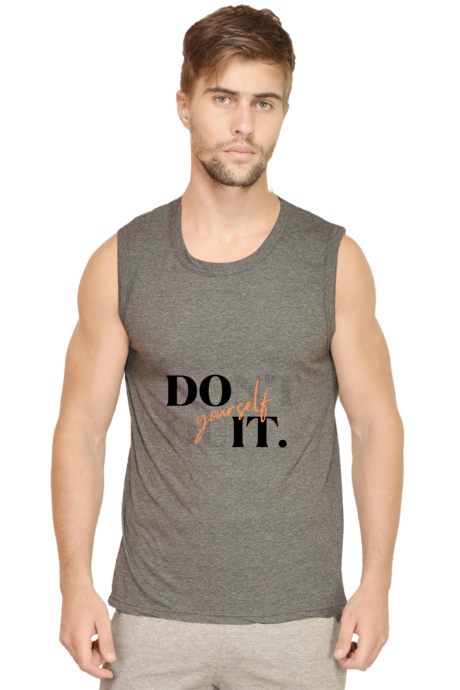 Do It Yourself Men's Round Neck Cotton Sleeveless Dark Grey Graphic Tshirt