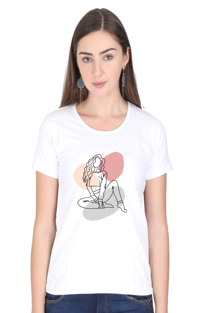 Sitting Girl Women's Round Neck Half Sleeve White Graphic Tshirt