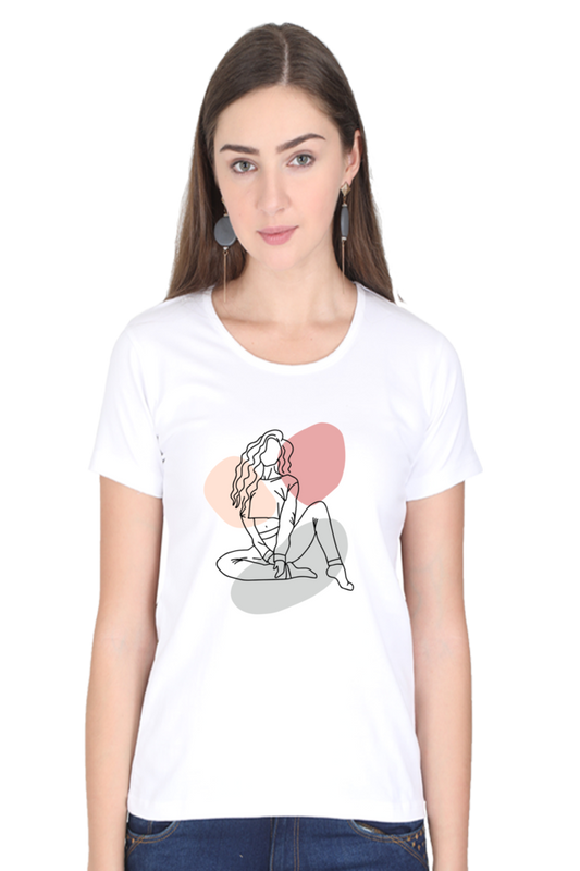 Sitting Girl Women's Round Neck Half Sleeve White Graphic Tshirt