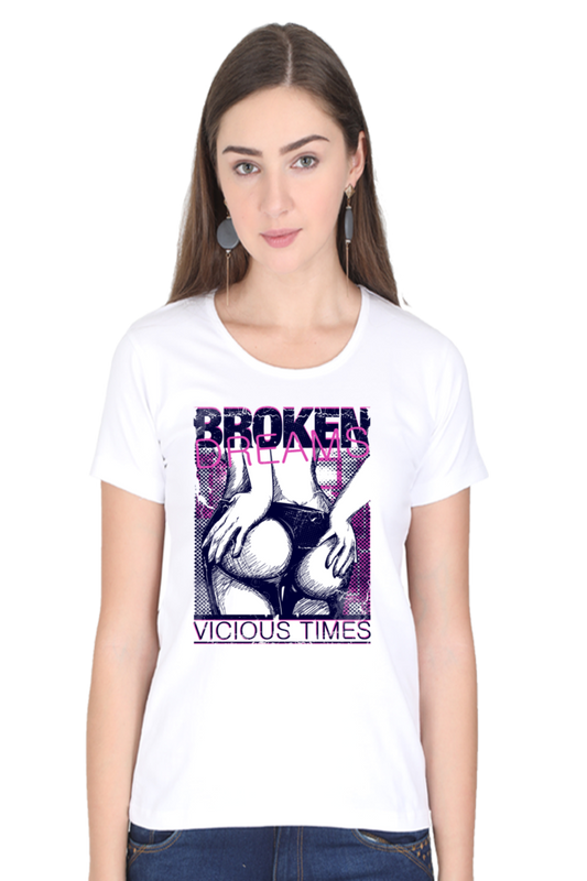 Broken Dreams Women's Round Neck Half Sleeve White Graphic Tshirt