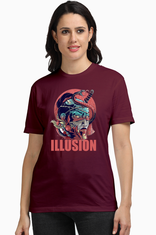Illusion Women's Premium Supima Cotton Maroon Graphic Tshirt