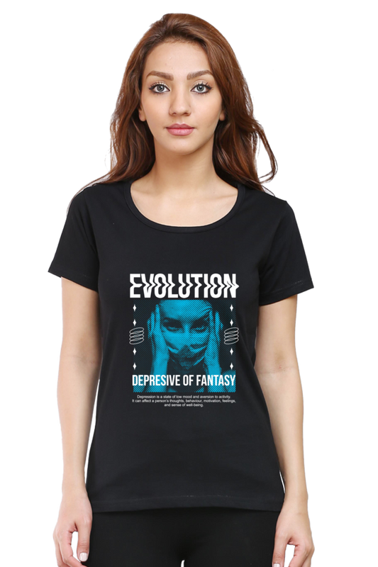 Evolution Women's Round Neck Half Sleeve Black Graphic Tshirt