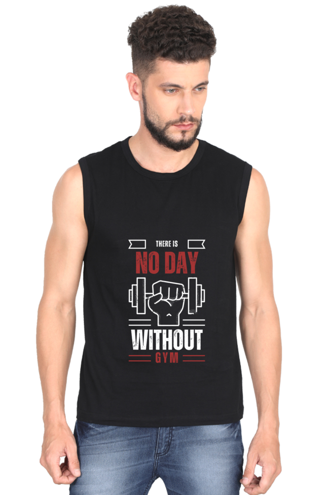 There is No Day Without Gym Men's Round Neck Cotton Sleeveless Black Graphic Tshirt