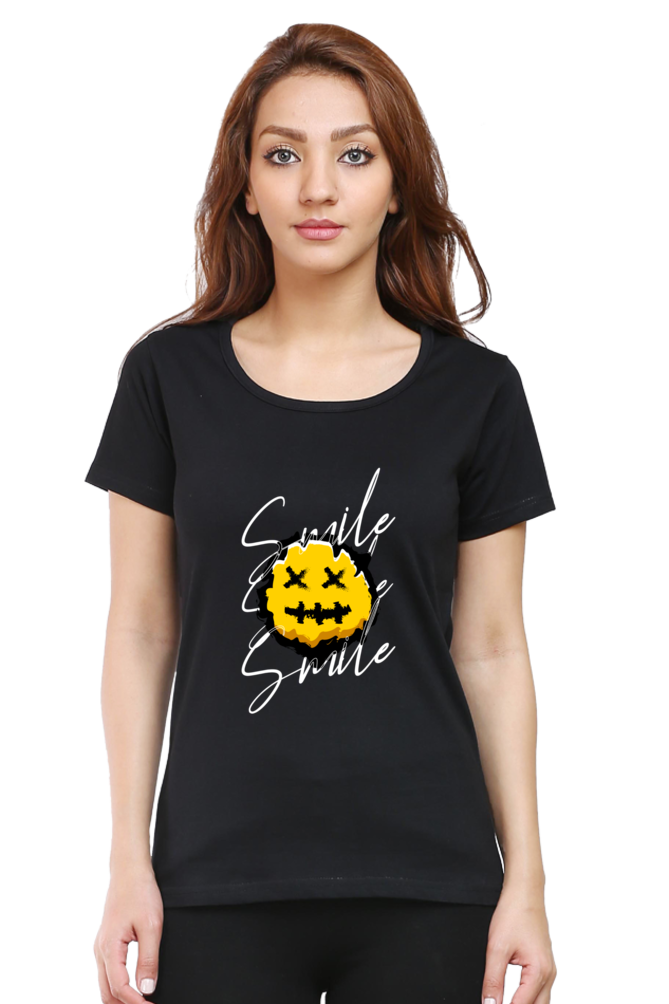 Smile Women's Round Neck Half Sleeve Black Graphic Tshirt