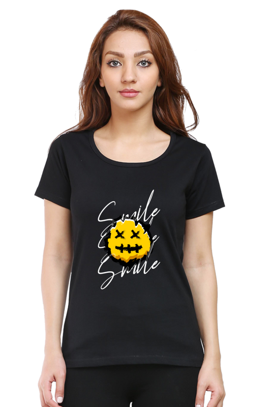 Smile Women's Round Neck Half Sleeve Black Graphic Tshirt