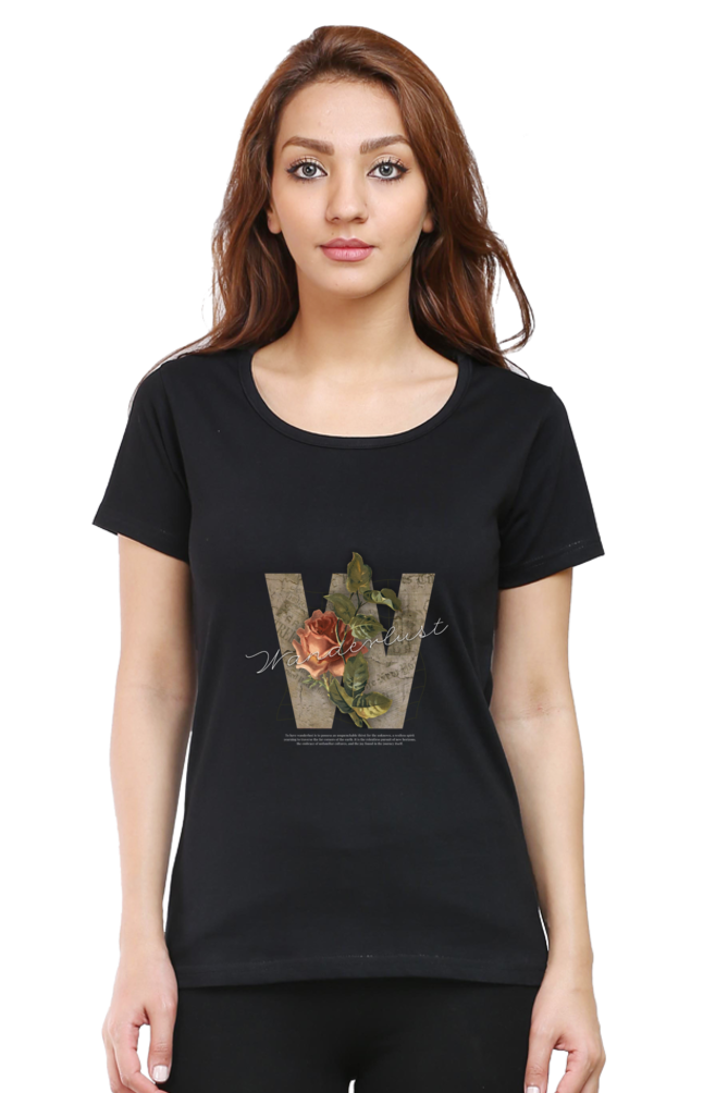 Wanderlust Women's Round Neck Half Sleeve Black Graphic Tshirt