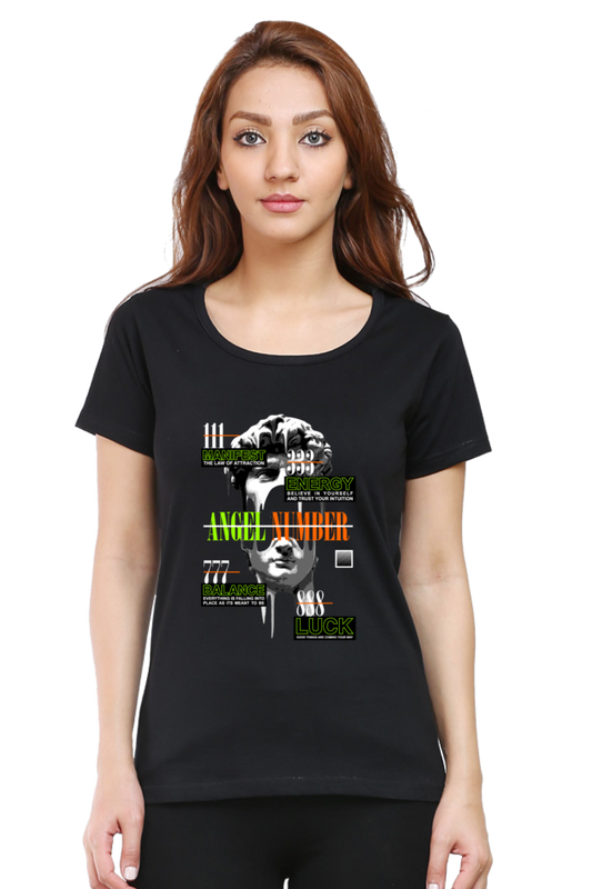 Angel Number Women's Round Neck Half Sleeve Black Graphic Tshirt