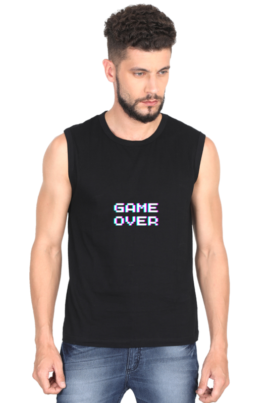 Game Over Men's Round Neck Cotton Sleeveless Black Graphic Tshirt