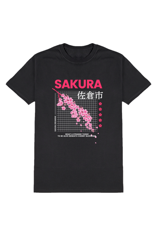 Sakura Men's Round Neck Half Sleeve Black Graphic Tshirt