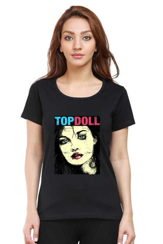 Topdoll Women's Round Neck Half Sleeve Black Graphic Tshirt