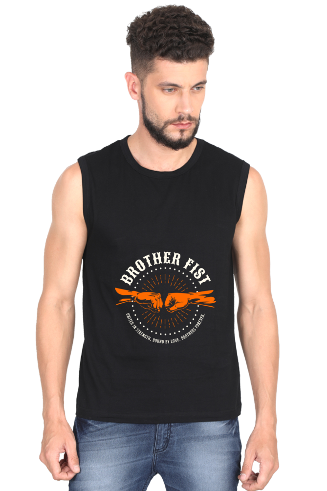 Brother Fist Men's Round Neck Cotton Sleeveless Black Graphic Tshirt