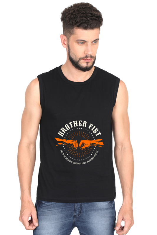 Brother Fist Men's Round Neck Cotton Sleeveless Black Graphic Tshirt