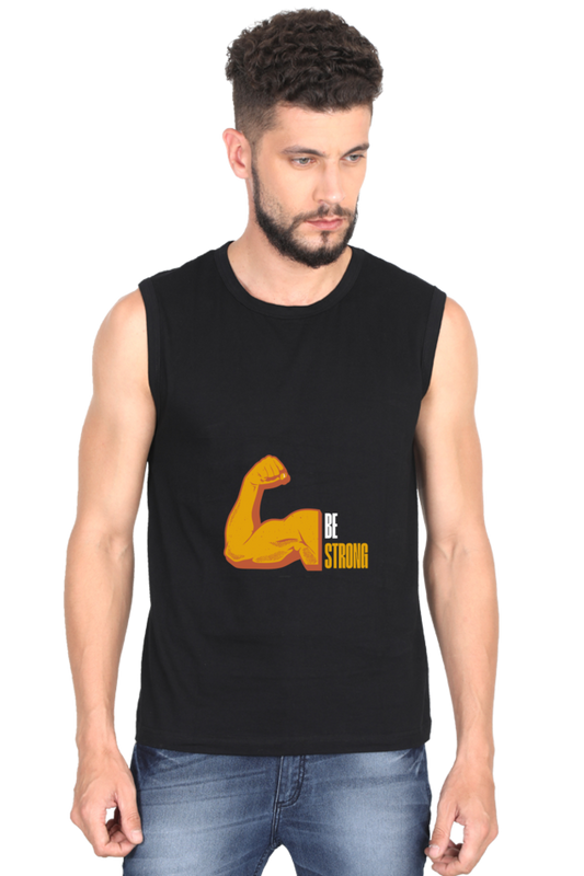 Be Strong Men's Round Neck Cotton Sleeveless Black Graphic Tshirt