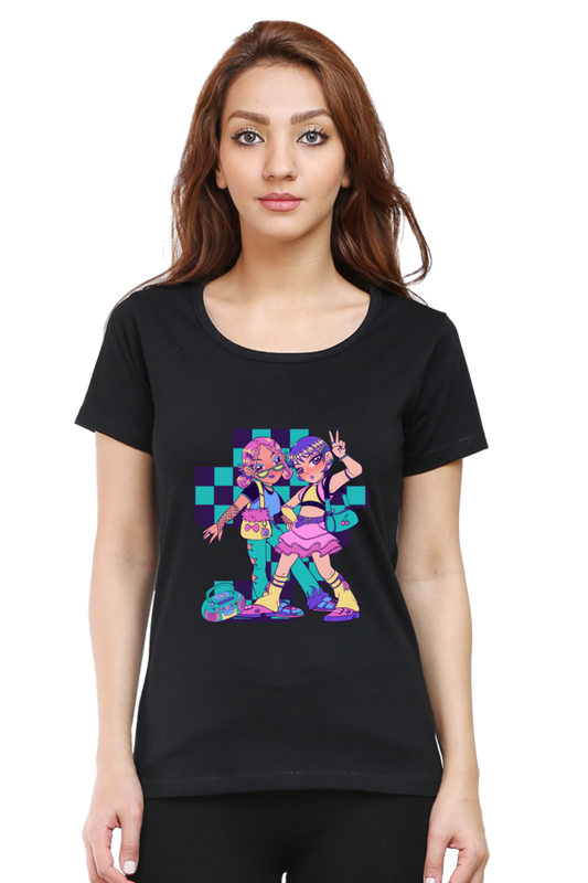 Besties Women's Round Neck Half Sleeve Black Graphic Tshirt