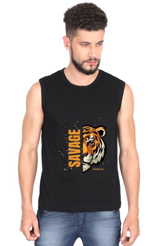 Savage Men's Round Neck Cotton Sleeveless Black Graphic Tshirt