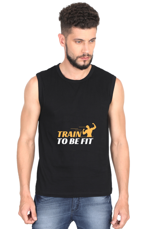 Train To Be Fit Men's Round Neck Cotton Sleeveless Black Graphic Tshirt