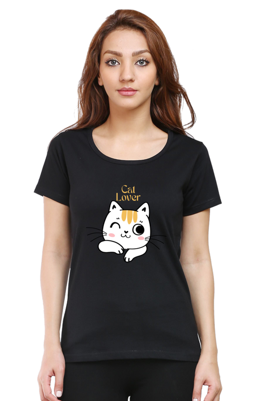 Cat Lover Women's Round Neck Half Sleeve Black Graphic Tshirt