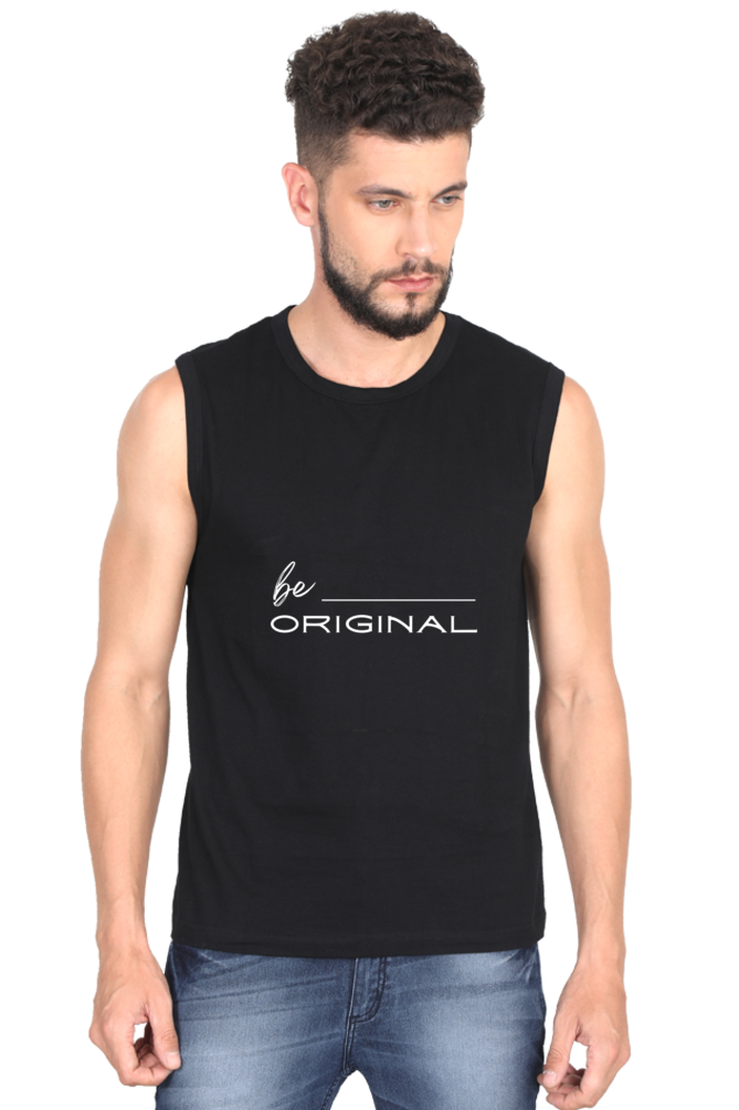 Be Original Men's Round Neck Cotton Sleeveless Black Graphic Tshirt