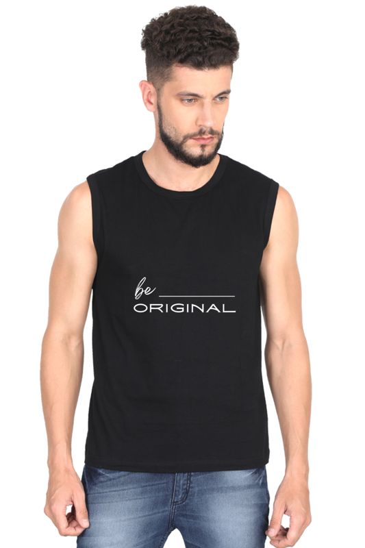 Be Original Men's Round Neck Cotton Sleeveless Black Graphic Tshirt