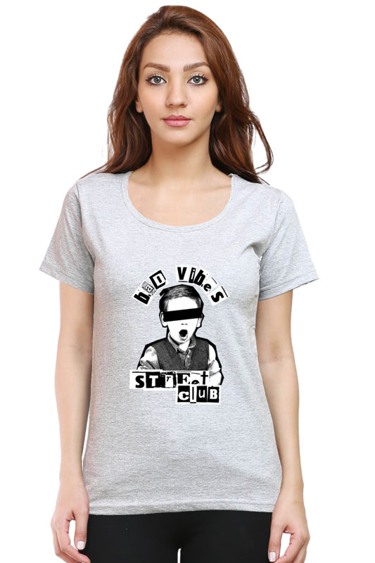 Bad Vibes Women's Round Neck Half Sleeve Grey Graphic Tshirt