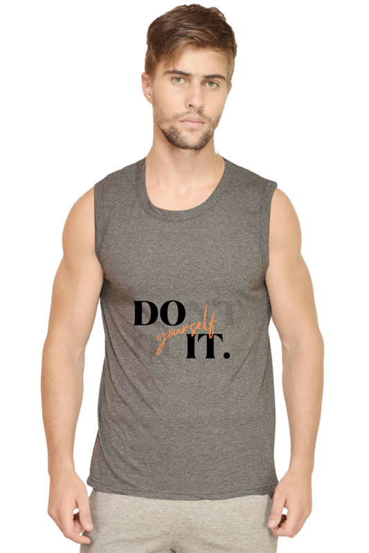 Do It Yourself Men's Round Neck Cotton Sleeveless Dark Grey Graphic Tshirt