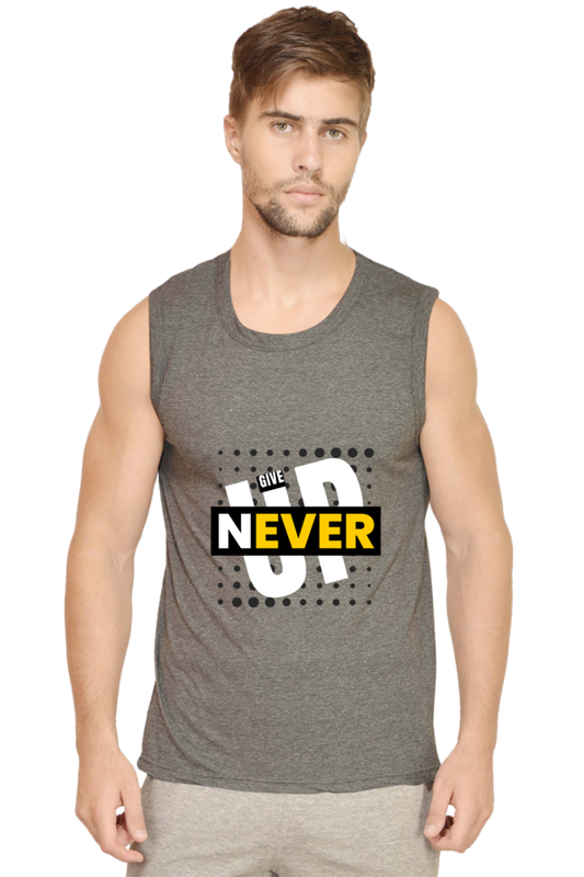 Never Give Up Men's Round Neck Cotton Sleeveless Dark Grey Graphic Tshirt