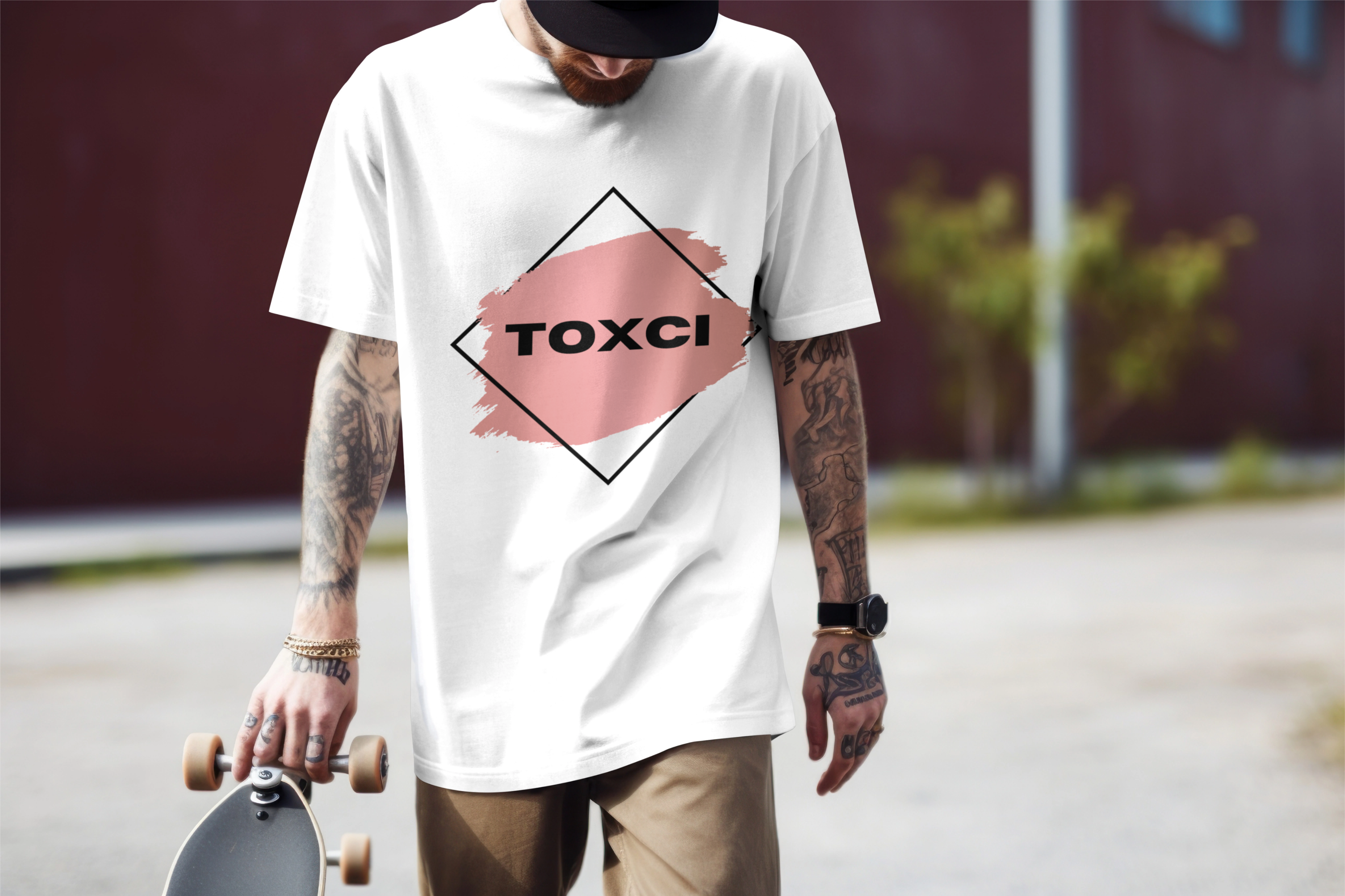 Person wearing a white t-shirt with 'TOXCI' logo holding a skateboard.